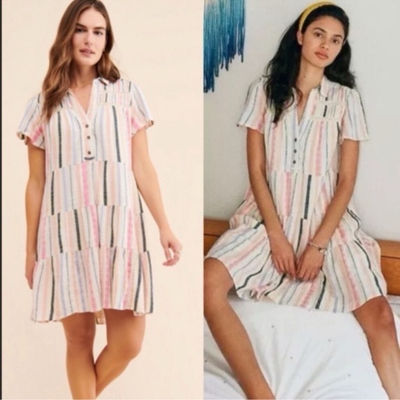 Anthropologie Dresses & Skirts - Anthropologie XS Georgina Tiered Cotton Shirt Dress Striped Knee Length​